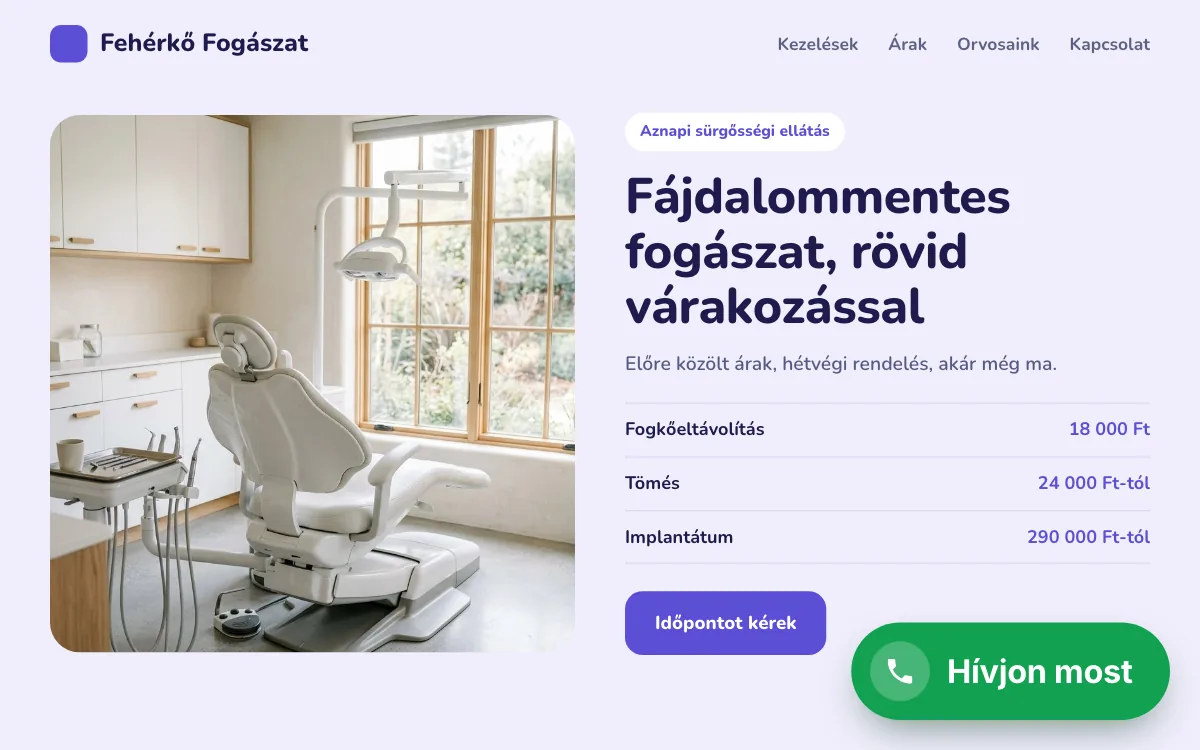Mintaoldal: fogászat honlapja, a Hívásgomb a jobb alsó sarokban