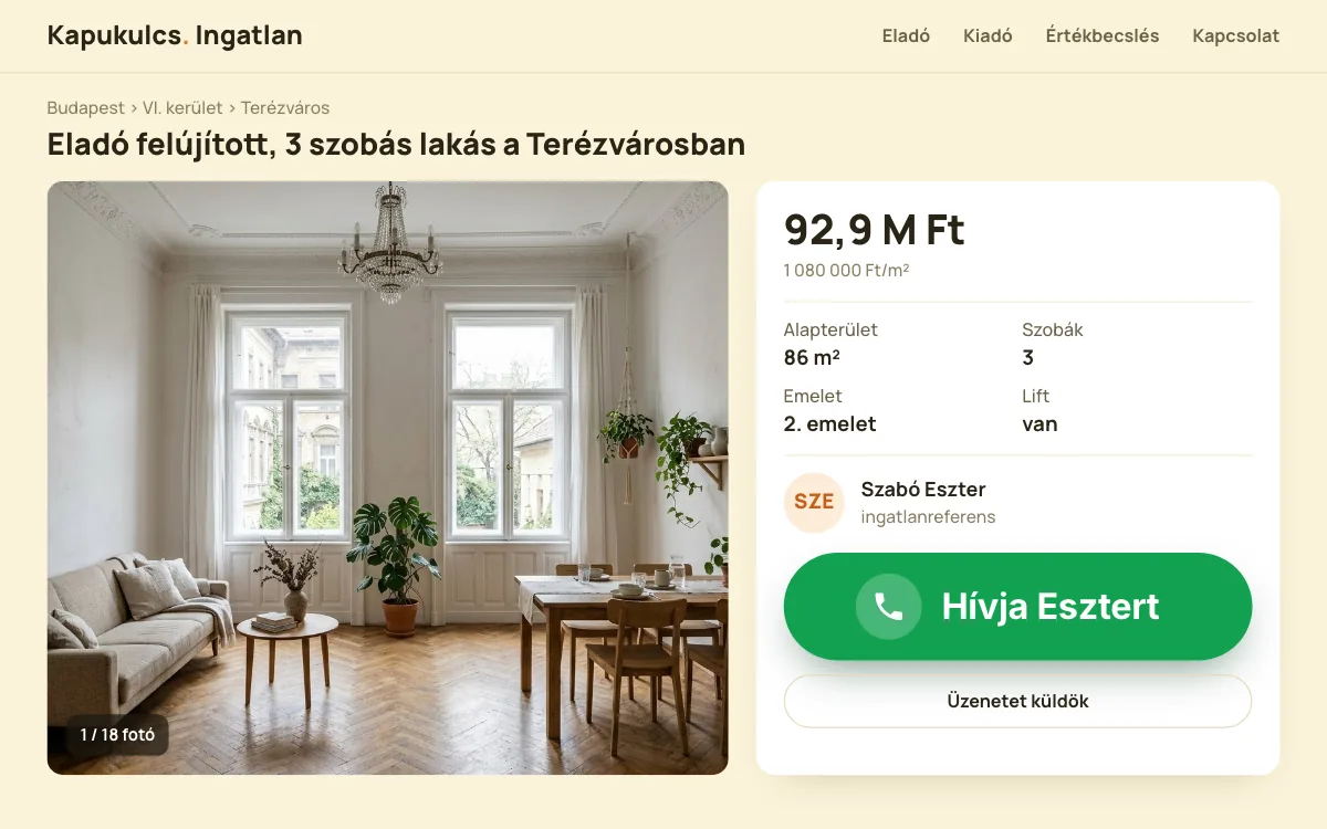 Mintaoldal: ingatlanhirdetés, a Hívásgomb az ingatlanos adatai alatt