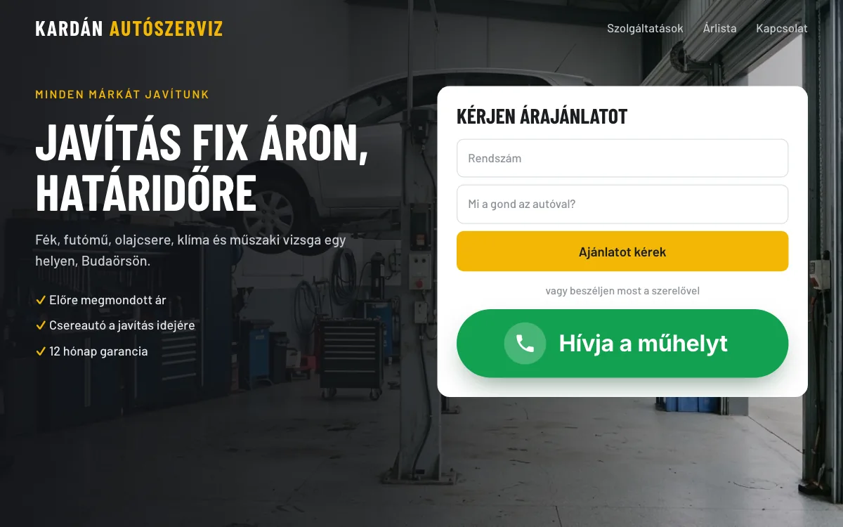 Mintaoldal: autószerviz honlapja, a Hívásgomb az ajánlatkérő alatt