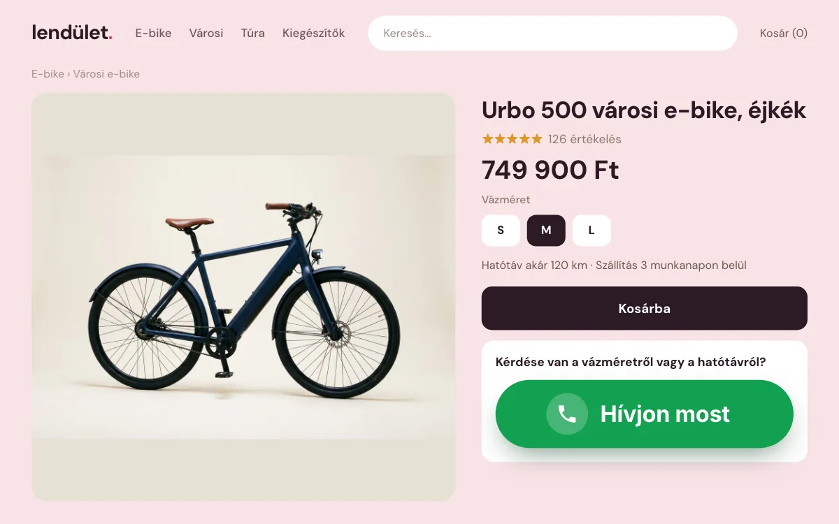 Mintaoldal: bútor-webshop termékoldala, a Hívásgomb a kosár alatt